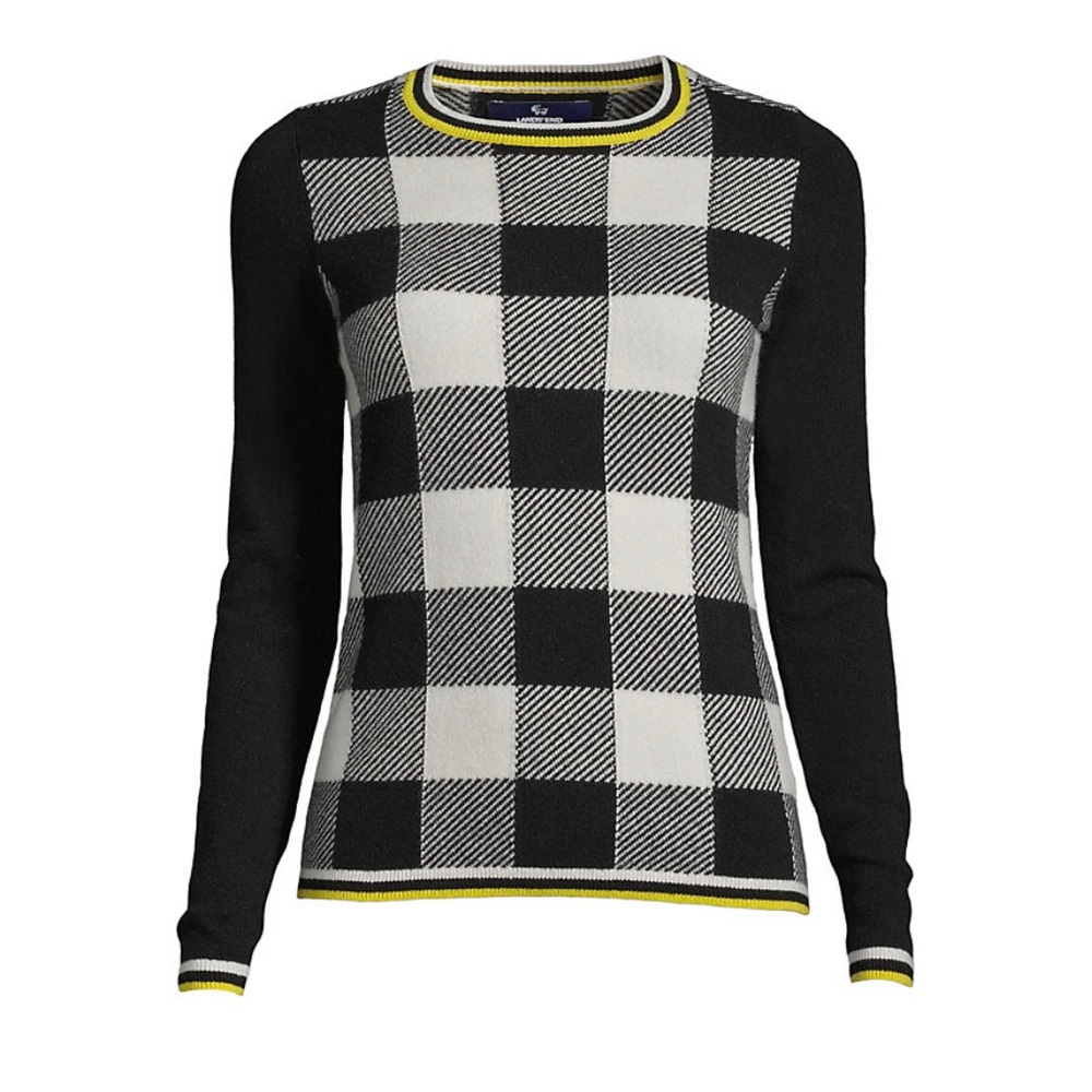 Land’s End Cashmere Crew Neck Buffalo Check Neon Trim Sweater